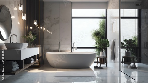 AI generated illustration of a large white porcelain bathtub in a modern bathroom with windows