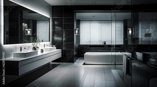 modern white and black bathroom with tiled floors  bathtub  sink  mirror and