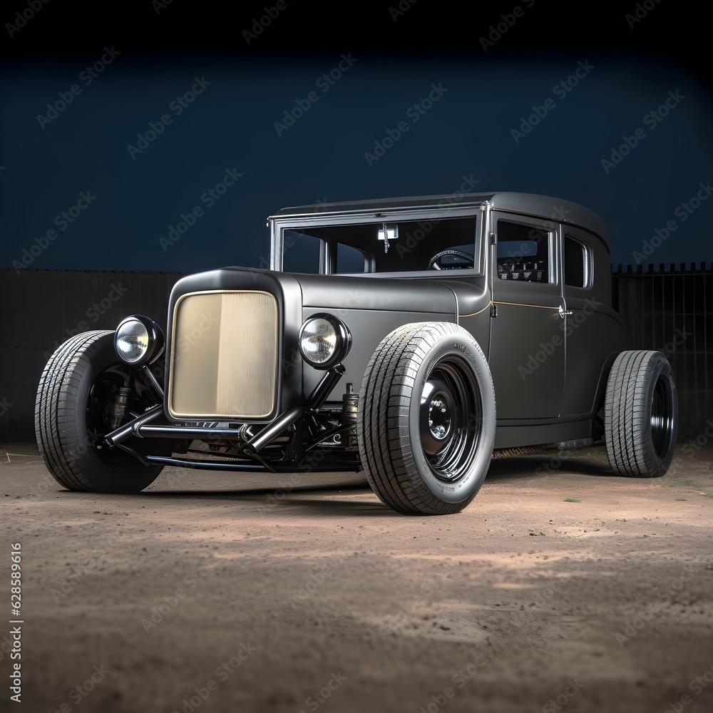 AI generated illustration of a retro style car parked in a dark area