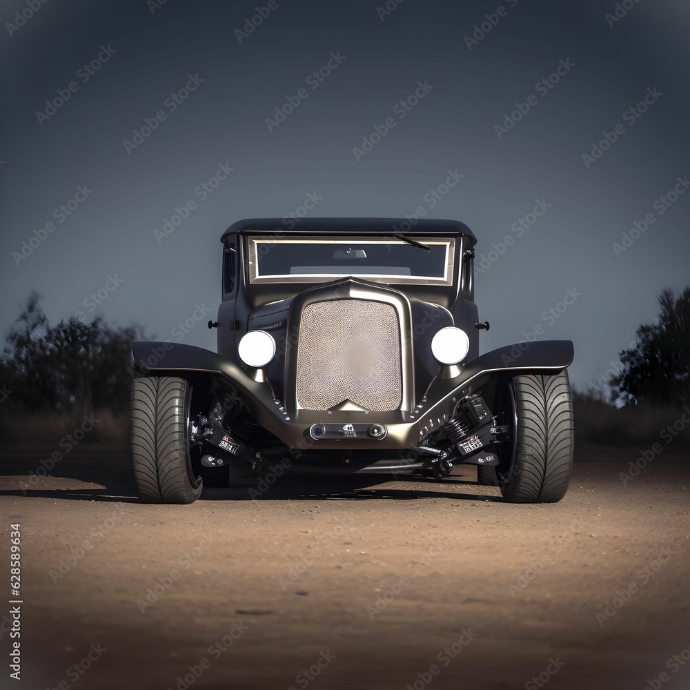 AI generated illustration of a vintage black car in the middle of a dirt road