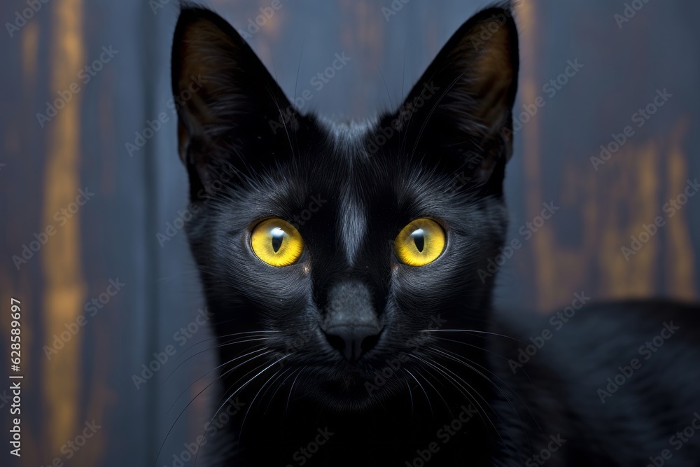 a black cat with bright yellow eyes