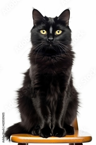 a black cat sitting on top of a wooden chair © AberrantRealities