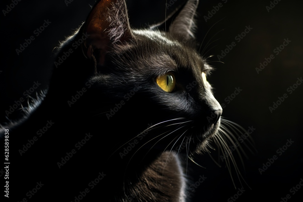a black cat with yellow eyes in the dark