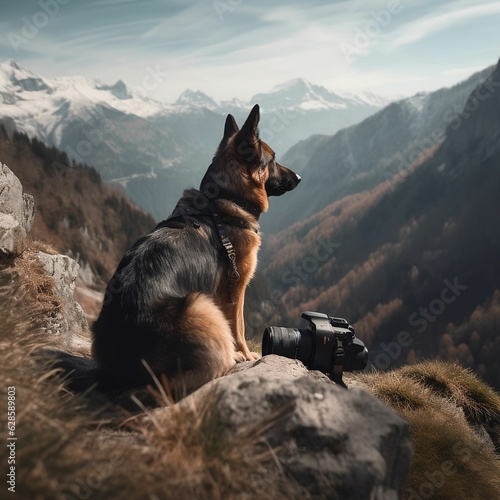 AI generated illustration of a canine 
atop a large boulder surrounded by stunning mountain scenery