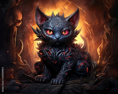 a black cat with red eyes sitting in front of a fire