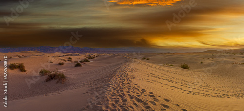 Footprints in sand dunes in Death Valley National Park at sunrise.