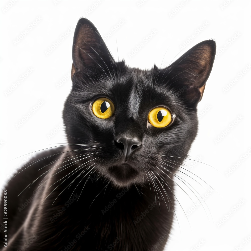a black cat with yellow eyes on a white background