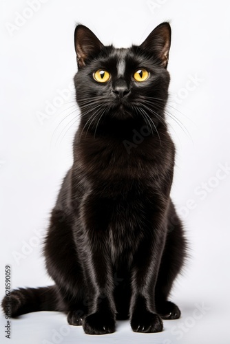 a black cat with yellow eyes on a white background