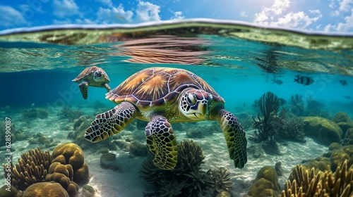 AI generated illustration of sea turtle swimming gracefully through the ocean s crystal blue waters