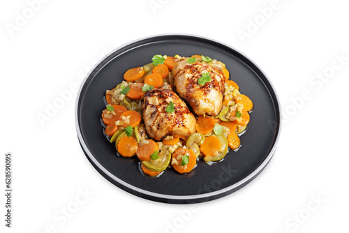 Moroccan spiced chicken with zucchini and carrots in a plate on a white isolated background