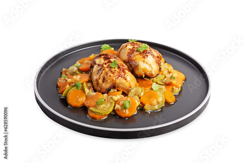 Moroccan spiced chicken with zucchini and carrots in a plate on a white isolated background