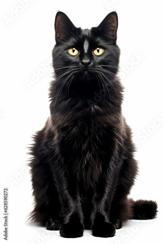 a black cat with yellow eyes sitting in front of a white background