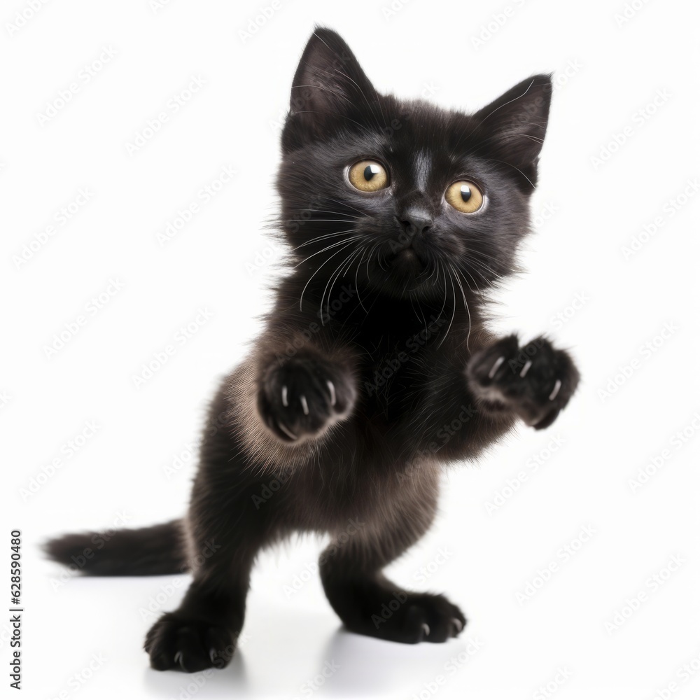 a black kitten is standing on its hind legs