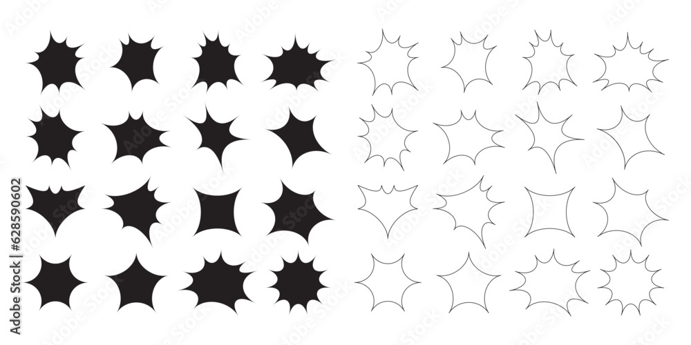 Black isolated silhouette and out line pointy distorted random shapes design elements template set on white background - obrazy, fototapety, plakaty 