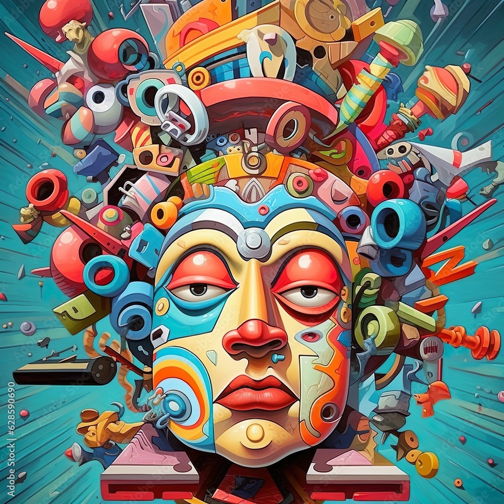 AI generated illustration of A vibrant abstracts art of a fae made out of objects AI generated illustration of A vibrant abstracts art of a fae made out of objects