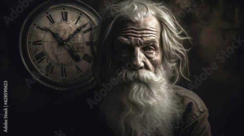 Mature Caucasian male with silver hair and a beard next to an antique clock, AI-generated.