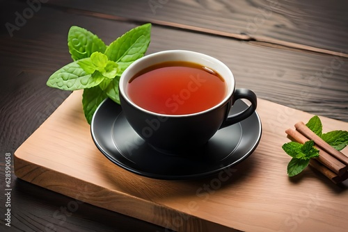 Cup of tea and mint on a wooden background.AI generated