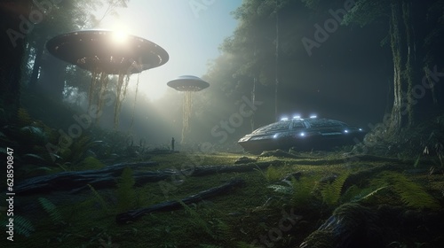 a scene of aliens and a spaceship hovering above a forest