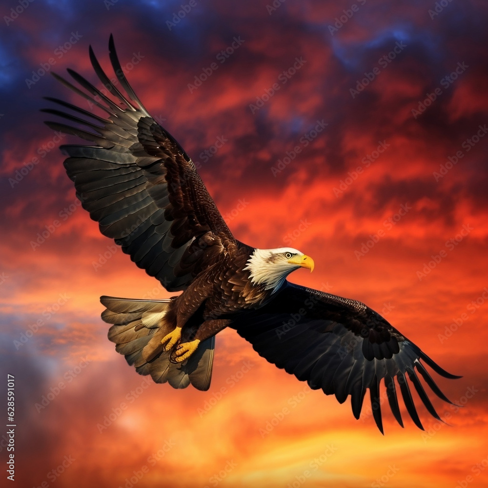Obraz premium AI generated illustration of a majestic bald eagle soaring through the air illuminated by sunshine