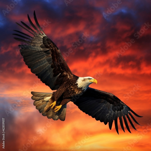 AI generated illustration of a majestic bald eagle soaring through the air illuminated by sunshine