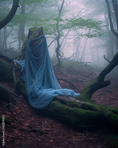 a blue cloth draped over a tree trunk in a forest