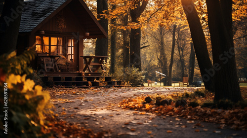 Cozy autumn scene with a wooden cabin amidst fall foliage  autumn banner  autumn background Generative AI