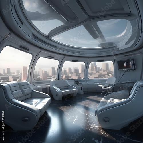 AI generated illustration of a large, modern lounge room with a stunning view of the city skyline
