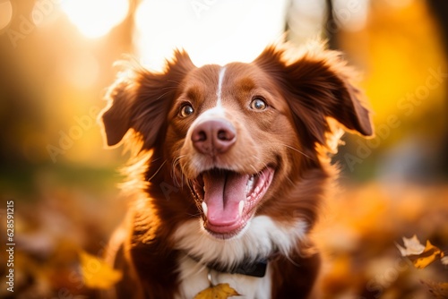 a brown and white dog with its mouth open in the fall