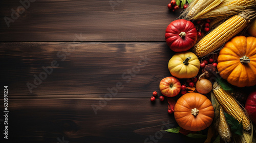 Autumn harvest with pumpkins, apples, and corn, autumn banner, autumn background Generative AI photo