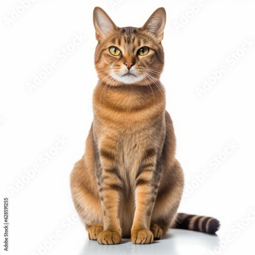 a brown tabby cat sitting down on a white background