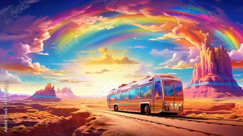 Rainbow bus under the rainbow. 