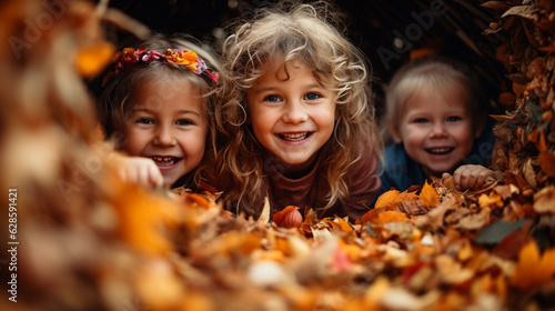 Children playing in a pile of colorful autumn leaves, autumn banner, autumn background Generative AI