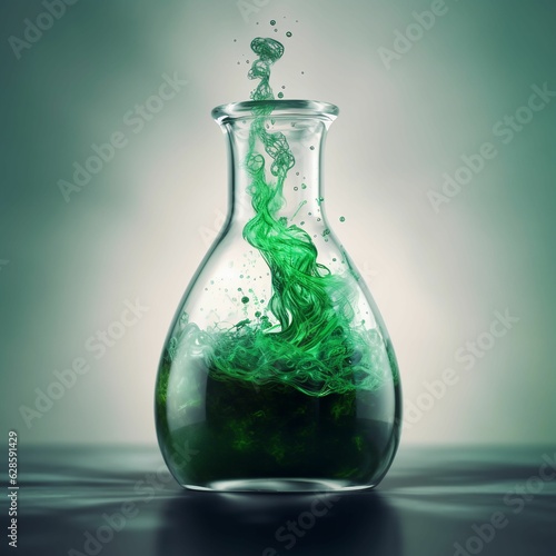 AI generated illustration of a glass flask containing a flowing green liquid