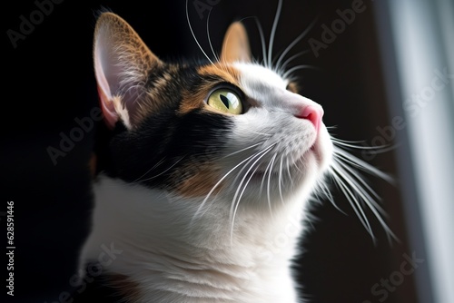 a calico cat looking up at the sky