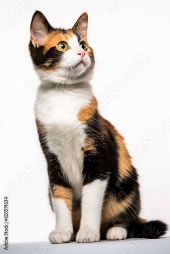 a calico cat sitting on a white background © AberrantRealities