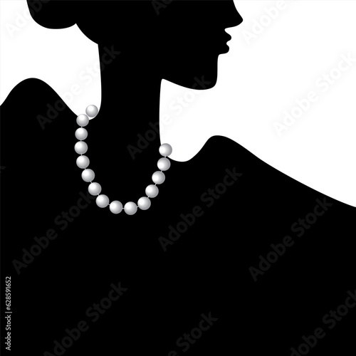 Pearl necklace on woman's neck. Silhouette of young woman. Vector illustration