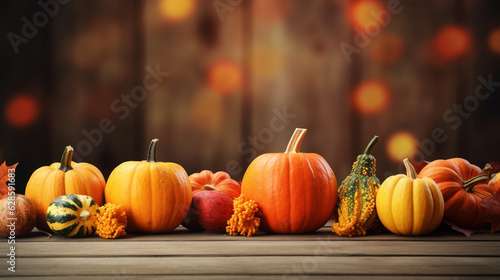 A row of pumpkins and gourds on a rustic wooden fence  autumn banner  autumn background Generative AI