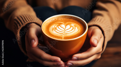 Close-up of a person's hands holding a pumpkin latte, autumn banner, autumn background Generative AI
