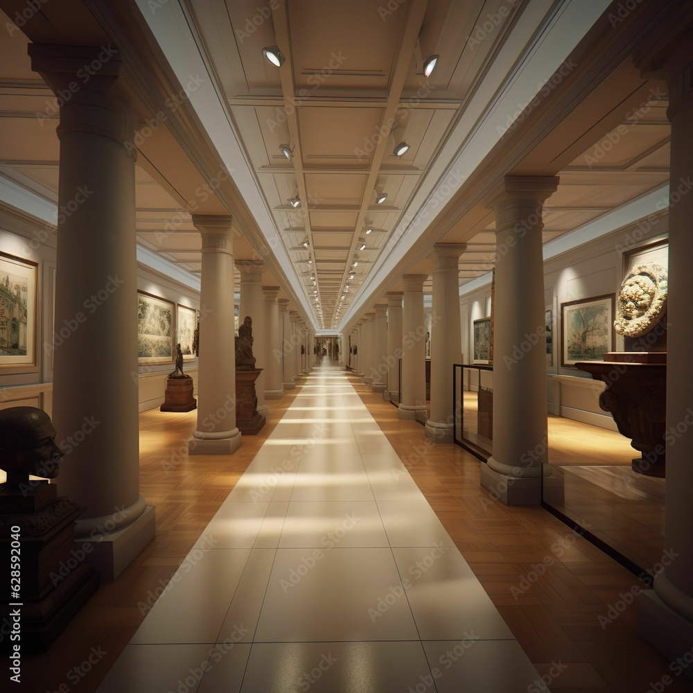 AI generated illustration of an elegant interior hallway of a museum