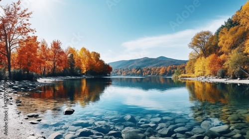 Tranquil river with reflections of colorful autumn trees, autumn banner, autumn background Generative AI