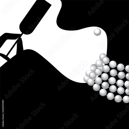 Pearl necklace on woman neck with champagne glass. Silhouette of young woman. Vector illustration