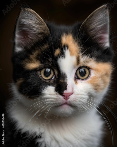 AI-generated illustration of an adorable calico cat with big eyes.
