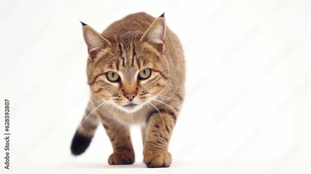 Fototapeta premium AI-generated illustration of a wildcat in a hunting pose isolated on a white background.
