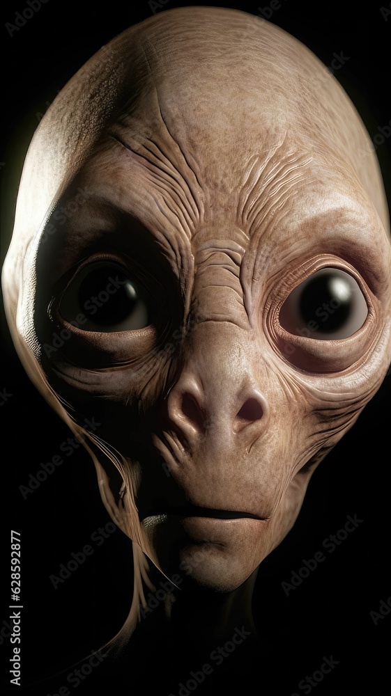 AI-generated illustration of an alien with pale brown skin and big eyes. AI-generated illustration of an alien with pale brown skin and big eyes.