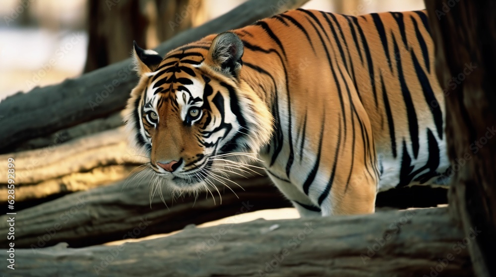 Fototapeta premium Majestic Bengal tiger standing on a pile of logs, AI-generated.
