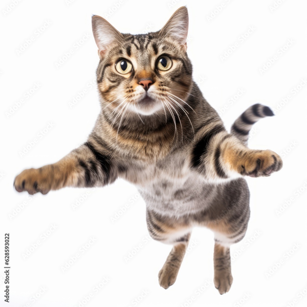 a cat is flying in the air on a white background