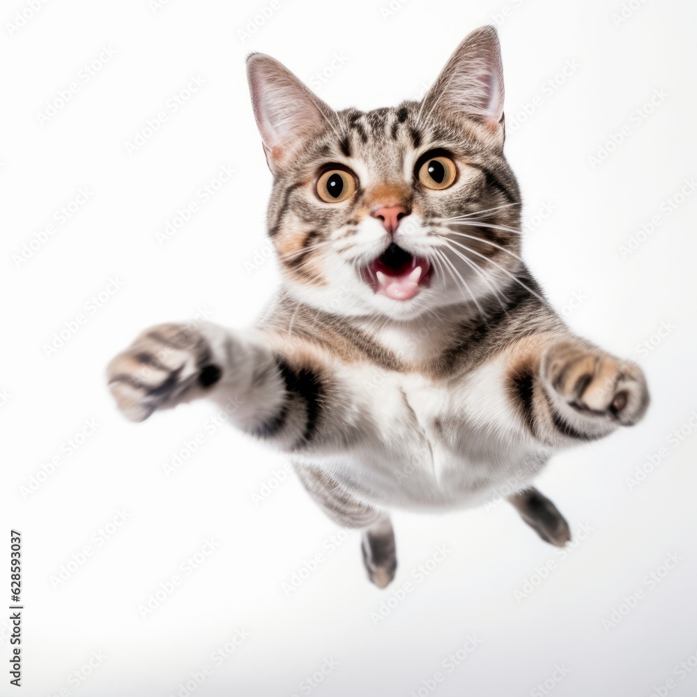 a cat is flying in the air with its mouth open