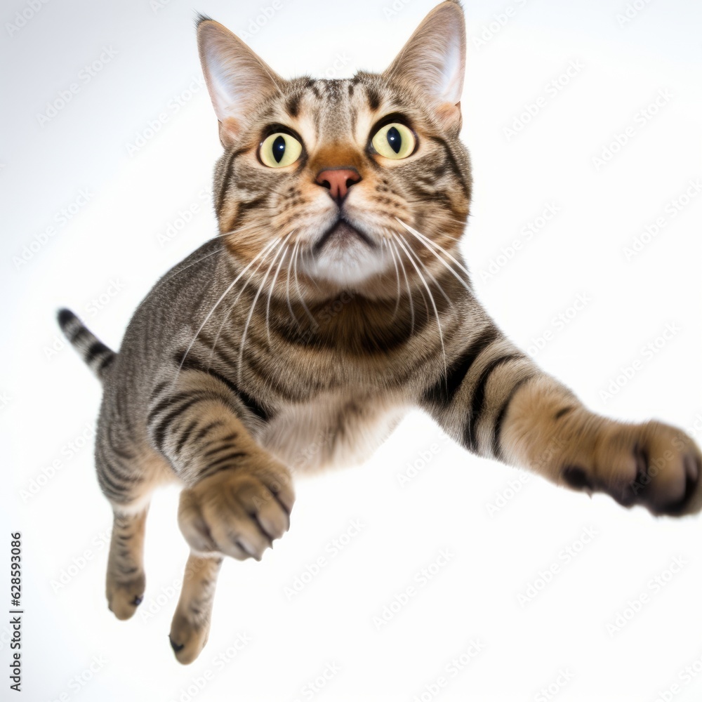 Obraz premium a cat is flying through the air on a white background
