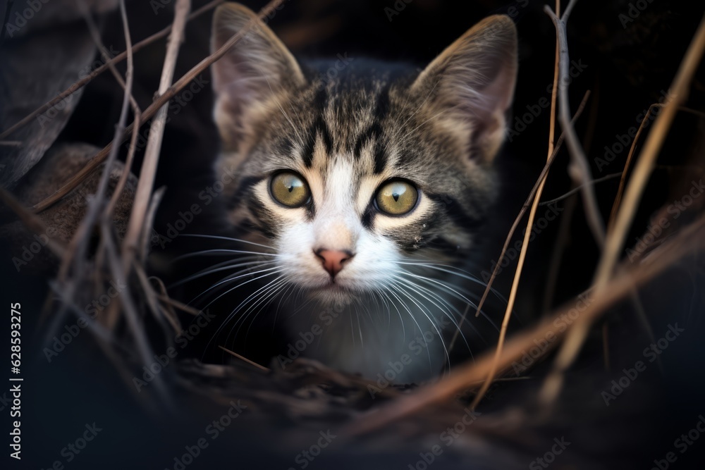 a cat is peeking out of a hole in the woods a cat is peeking out of a hole in the woods