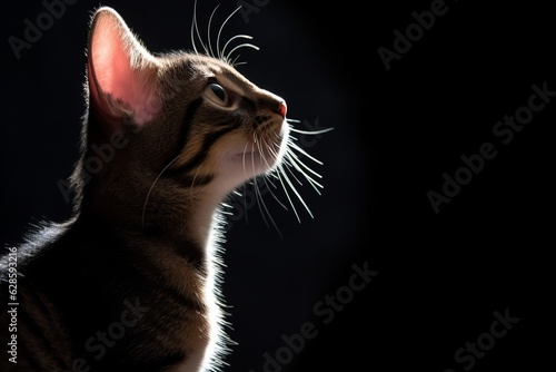 a cat is looking up at something in the dark
